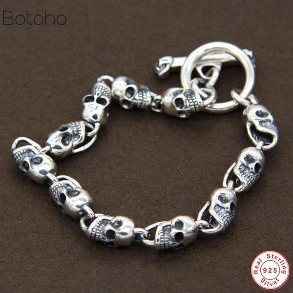 link, chain s925 sterling silver bracelets for men skull bracelet vintage punk rock gothic bague fashion cool exaggerated fine jewelry, Black